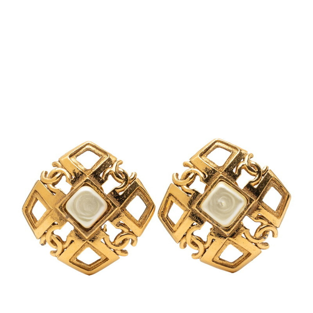 Chanel Coco Mark Vintage Square Earrings, Size 23, Gold, Faux Pearl Plated, W...